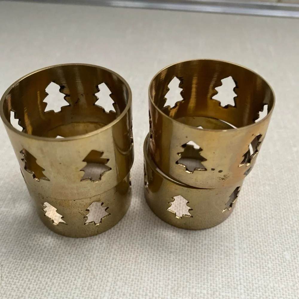 Vintage‎ Brass Laser Cut Christmas Tree Cut Out Napkin Rings Set of 4 Holiday